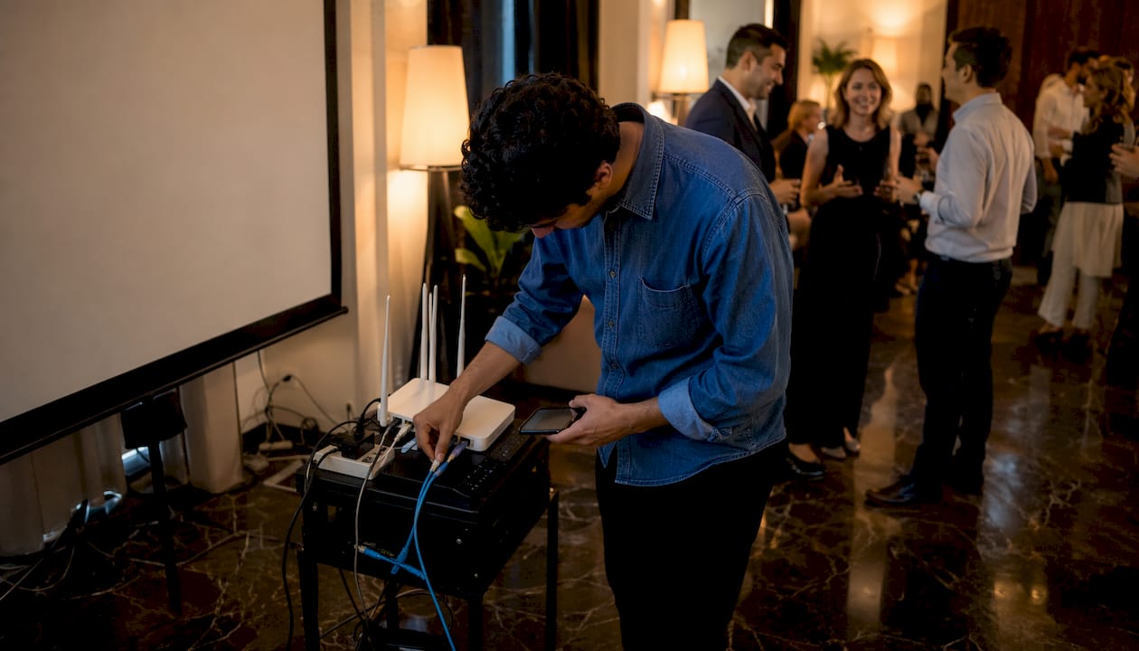 Especialista conectando el servicio de internet para un evento con proyección en pantalla