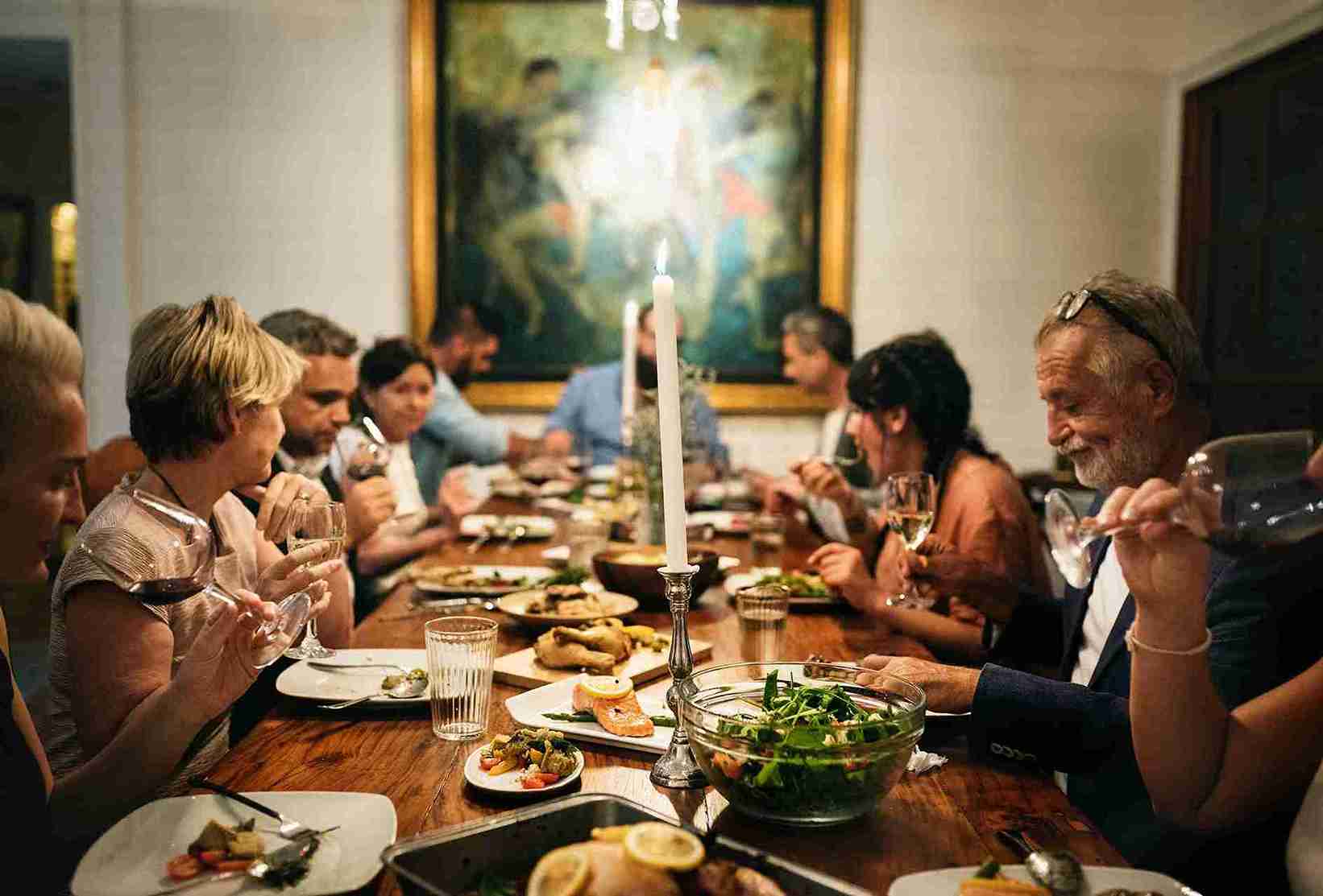 Cena compartida entre invitados en una mesa larga